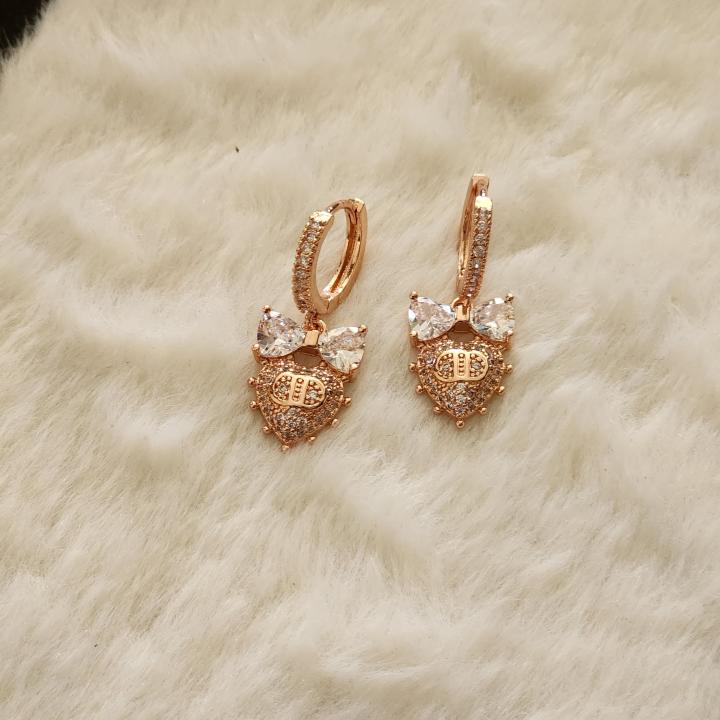 Rose Gold Hoop Earrings With Crystal Bow and Heart